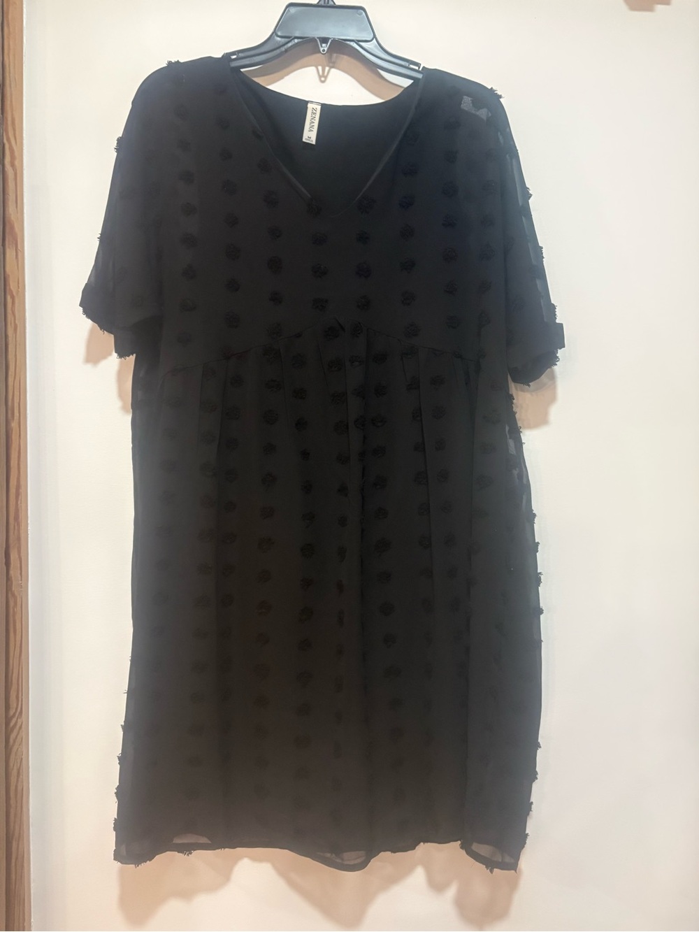 Women’s Black Swiss Dot V-Neck Dress by Zenana